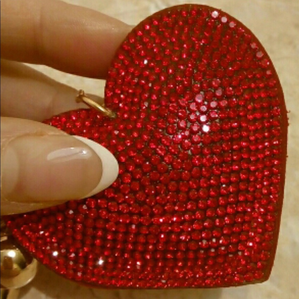 fot 2 TWO Red Gold Rhinestone Heart Backpack Purse Valentine Keychain Tag